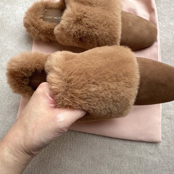 Brand New Beige/Light Brown Stuart Weitzman Edie Chill Suede & Faux Fur Mules - Picture 5 of 11